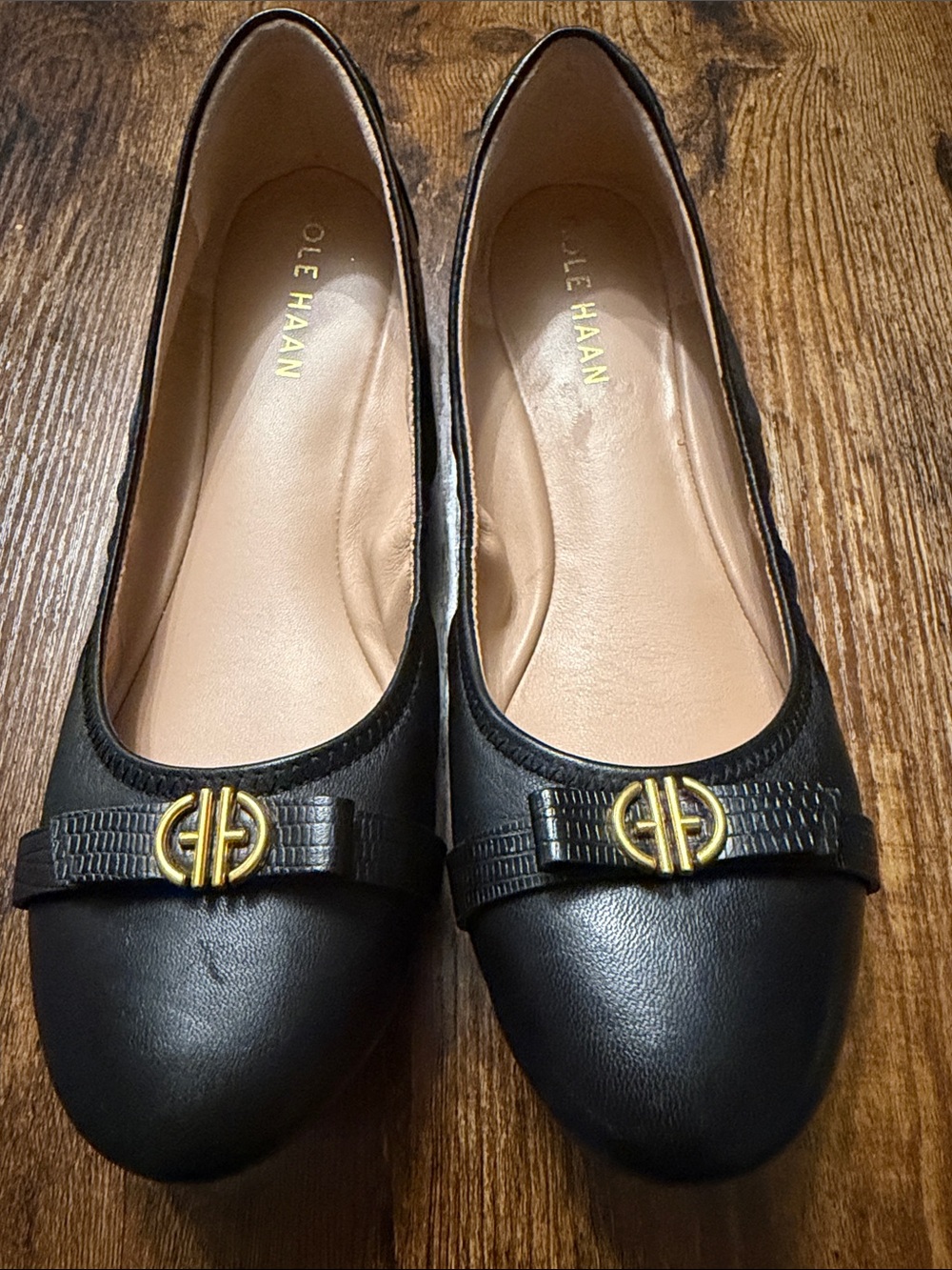 Cole Haan Black Leather Ballet Flats with Gold Logo Trim